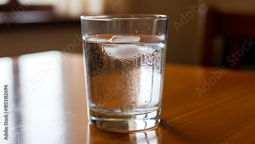 Clear glass of icy sparkling water on wooden surface