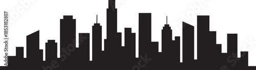 Black silhouette of a city skyline with varied height buildings white