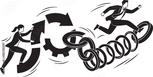 Black silhouette of business people running and building a gear mechanism with circular arrows
