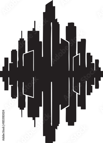 Black silhouette of a symmetrical city skyline reflected in water white