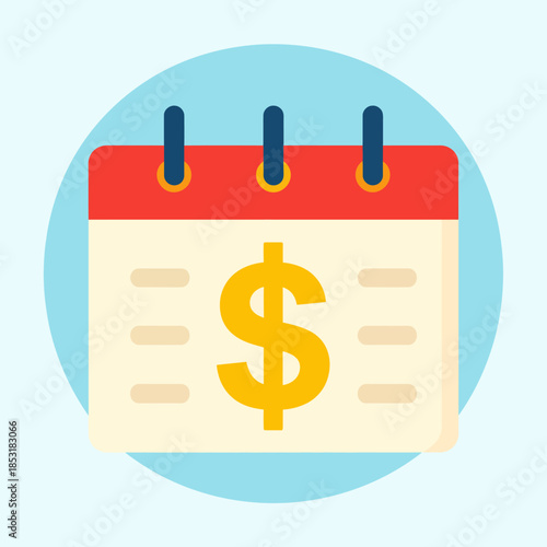Flat design calendar icon with a dollar sign, representing financial scheduling, payment reminders, and budget planning. Ideal for illustrating important monetary dates and effective fiscal management