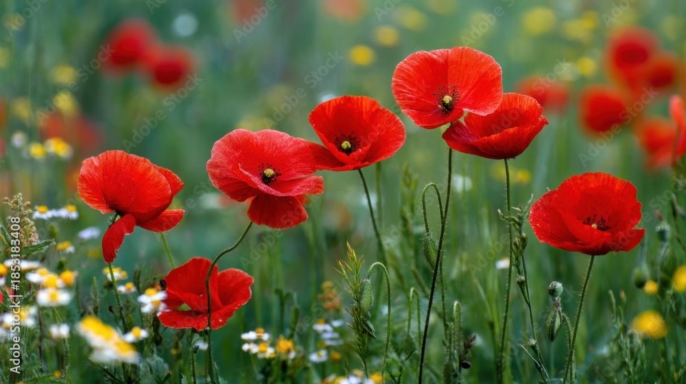 Fototapeta premium A field of red poppies and yellow flowers. The red flowers are in full bloom and the yellow flowers are scattered throughout the field. The scene is peaceful and serene