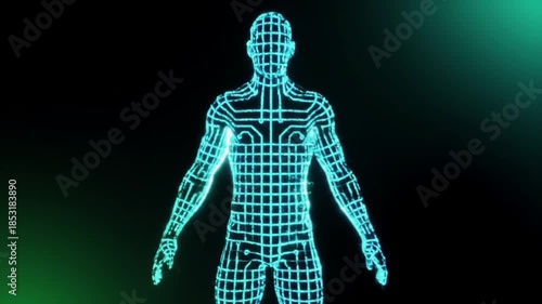 Digital human body representation illuminated against dark backdrop