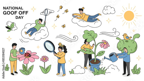 National Goof Off Day cartoon illustration with people having fun outdoors.