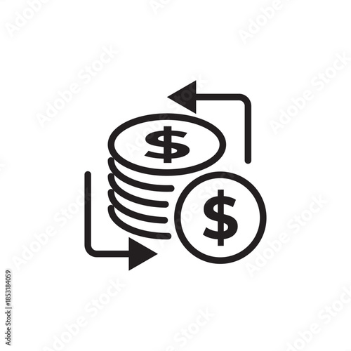 Minimalist line art icon of dollar coins with circular arrows. Perfect for representing currency exchange, financial transactions, cashback, ROI, and money flow. Clean vector for banking and fintech.