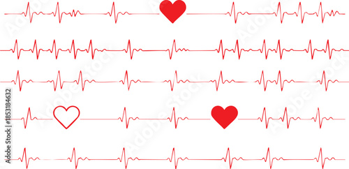 Red heartbeat line collection with heart symbol, cardiology, medical pulse, ECG, EKG design, healthcare clipart vector illustration, health monitoring, digital heartbeat graphics