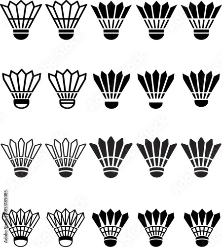 Collection of stylized black and white badminton shuttlecock vector illustrations