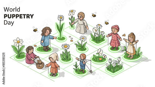 World Puppetry Day illustration with cartoon characters playing on a board game.