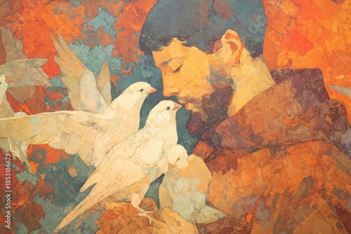 Saint Francis of Assisi, surrounded by doves, peaceful spiritual illustration in warm colors