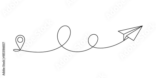 Continuous line drawing of a paper airplane flight path from a location pin Vector, illustration