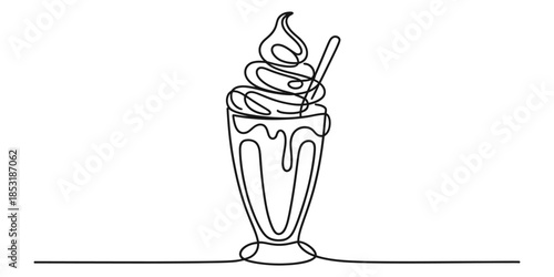 Continuous line drawing of a delicious milkshake topped with whipped cream in a glass Vector, illustration