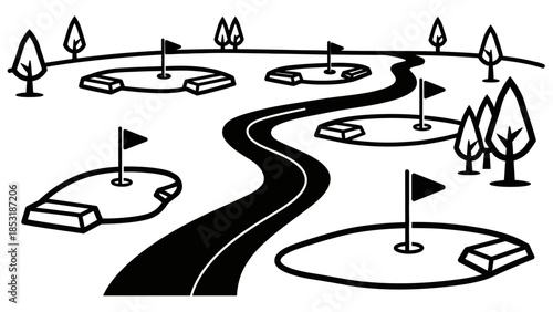Black and white illustration of a golf course with multiple holes, flags, and a winding path.