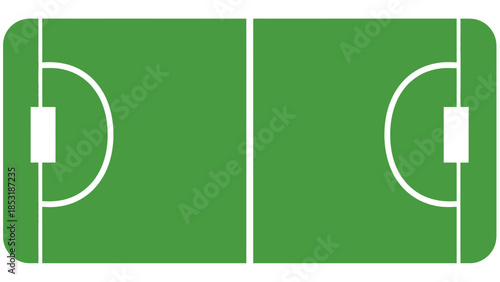 A green football field with clear lines and a soccer ball on the grass ready for a match