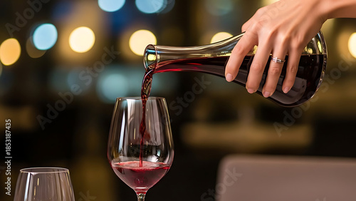 Elegant hand serving red wine at an evening dinner
