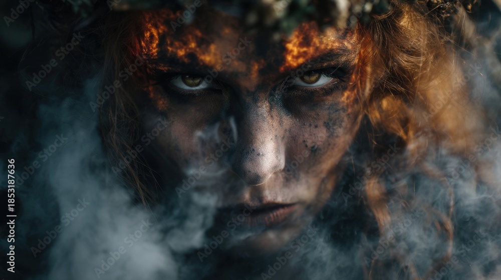 Fototapeta premium A woman with a detailed painted face stands in a forest while smoke surrounds her. Her wild hair and fierce expression draw attention blending with the natural elements around her.