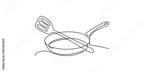 Minimalist continuous line art featuring a frying pan and slotted spatula Vector, illustration
