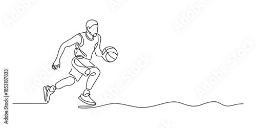 A continuous line drawing illustration of a basketball player dribbling the ball during a game Vector, illustration
