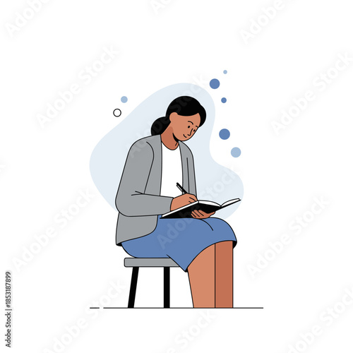 Asian female adult writing in notebook in professional attire