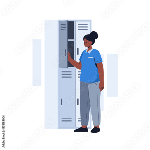 African female adult nurse accessing locker in blue uniform