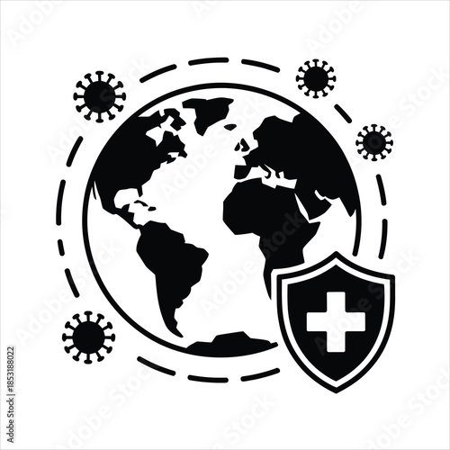 Global health protection icon showing earth surrounded by virus particles and a medical shield with a cross