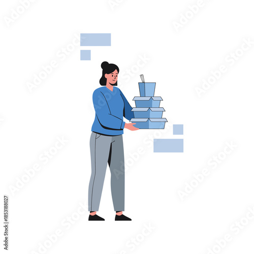 Asian female carrying a stack of takeout boxes in casual attire