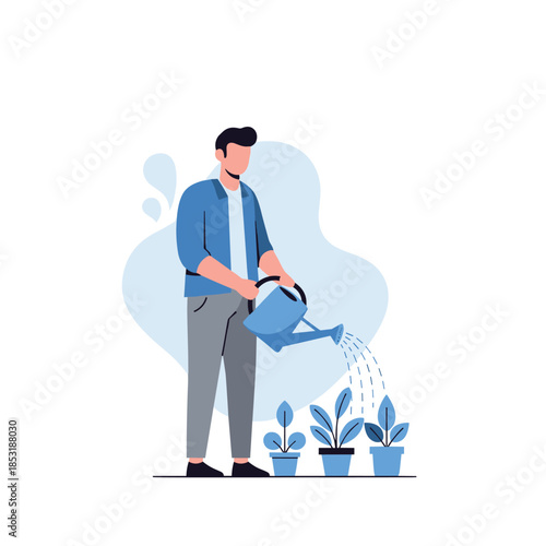 Young male watering plants with watering can in minimalist illustration