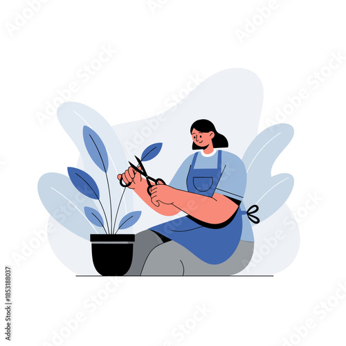 Female gardener pruning plant illustration, young hispanic woman in apron caring for houseplants