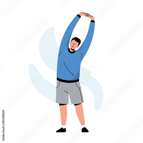 Young caucasian male stretching in sportswear with arms raised on white background