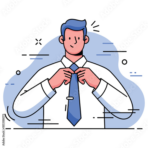 Young caucasian male adjusting tie with confident expression in minimalistic illustrated style
