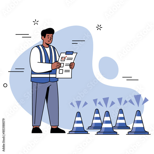 Asian male safety officer checking checklist near traffic cones
