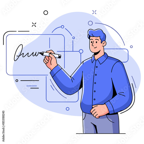 Male cartoon character writing on interactive screen with stylus