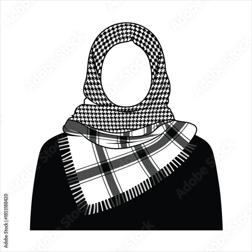 Illustration of a person wearing a traditional patterned keffiyeh and a plaid fringed scarf over dark clothing