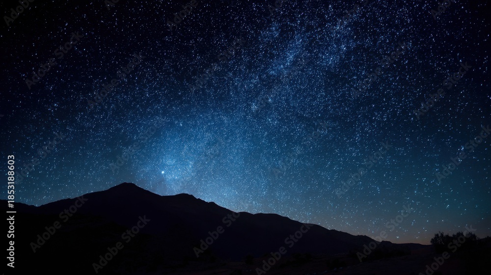 Fototapeta premium A mountain range stands against the night sky filled with stars. The sky shows a rich collection of stars and a faint glow in the distance. The setting is dark and vast.