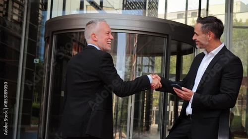 Two professional businessmen smiling and shaking hands, showcasing a positive business relationship and collaboration during an important meeting in formal suits and ties, engaging in conversation.