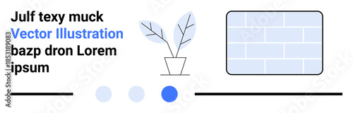 Potted plant with simple leaves, rectangular brick pattern, floating text, and dots in neutral tones. Ideal for modern design, minimalism, branding, web layout, infographics print materials social