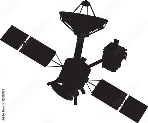 Black and white silhouette of a satellite with solar panels and antennas in space also transparent background 1