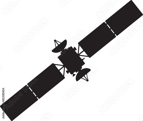 Black and white silhouette of a satellite with solar panels and antennas in space also transparent background