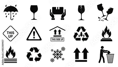 Comprehensive set of universal vector icons for packaging, shipping, and handling, including fragile, flammable, recycle, and orientation symbols for safe transit and storage