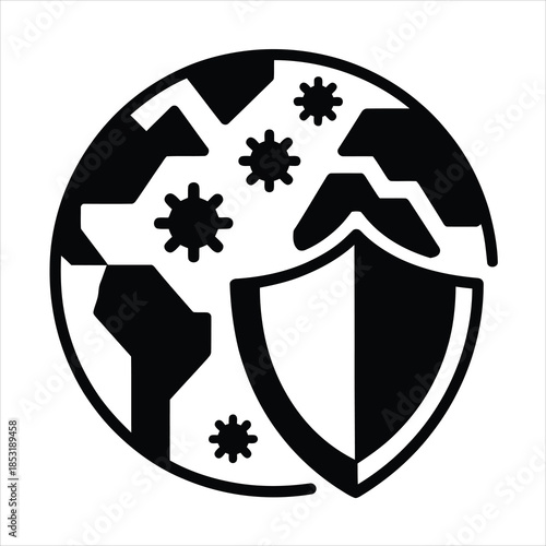 A global crisis concept shows virus particles surrounding the earth protected by a shield