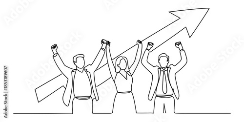 Team celebrating success with upward trending arrow Vector, illustration