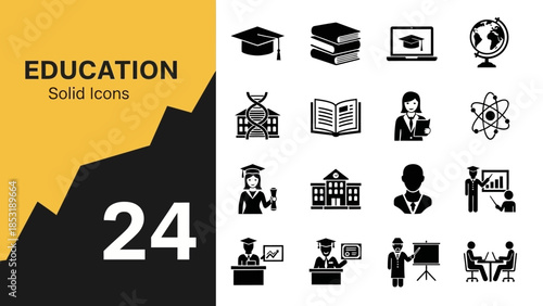 Modern solid icon collection for comprehensive education concepts, featuring symbols of academic achievement, learning, teaching, and knowledge acquisition for digital and print projects