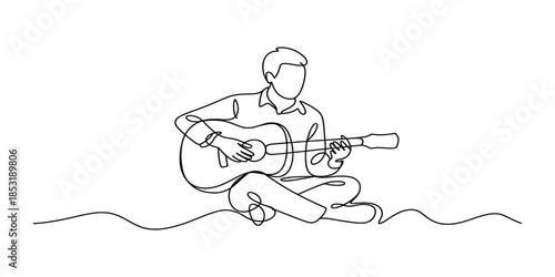 A minimalist line drawing captures a person playing the guitar Vector, illustration