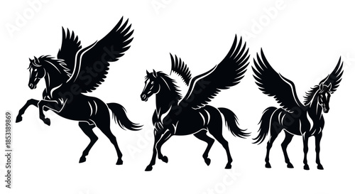 Three Black Silhouettes of Winged Horses in Majestic Poses on White Background
