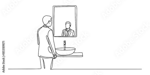 Man in suit looking in bathroom mirror Vector, illustration