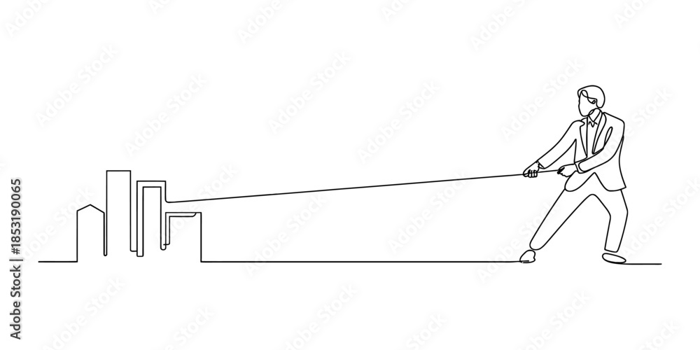 Fototapeta premium Businessman pulling skyscrapers with a rope in a tug of war Vector, illustration