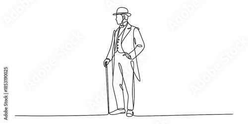 Elegant gentleman in top hat and cane, minimalist line art Vector, illustration