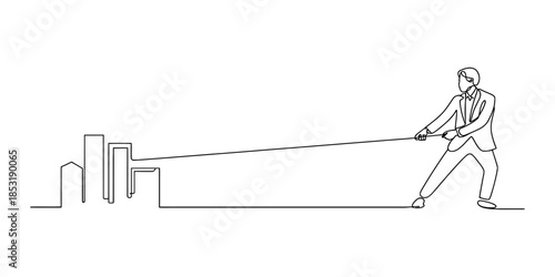 Businessman pulling skyscrapers with a rope in a tug of war Vector, illustration