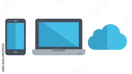 Cloud Storage on Mobile and Laptop Devices in Simple Flat Design with Blue Color Scheme for Technology Advertising