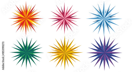 Six Colorful Starburst Shapes in Symmetrical Rows on White Background