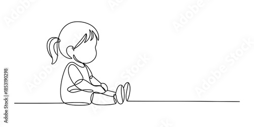 Continuous line drawing illustrating a small child sitting in profile view on a surface Vector, illustration